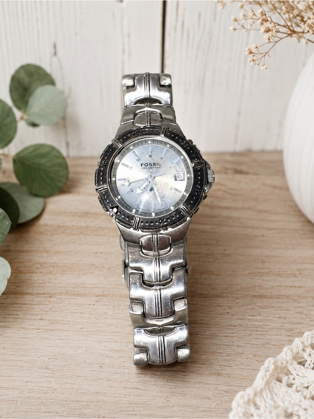 Vintage Fossil green dial stainless women’s watch